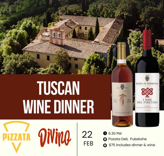 Promotional graphic for a Tuscan wine dinner featuring an aerial view of a Tuscan villa surrounded by greenery, two wine bottles on the right, and event details on a white footer. Visible brands on the bottles include Badaia di Norbona and Sarti del Paretari.
